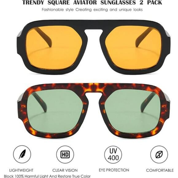 Square Aviator Sunglasses Women Flat Top Vintage UV400 Stylish Sun Shades - Picture 2 of 6